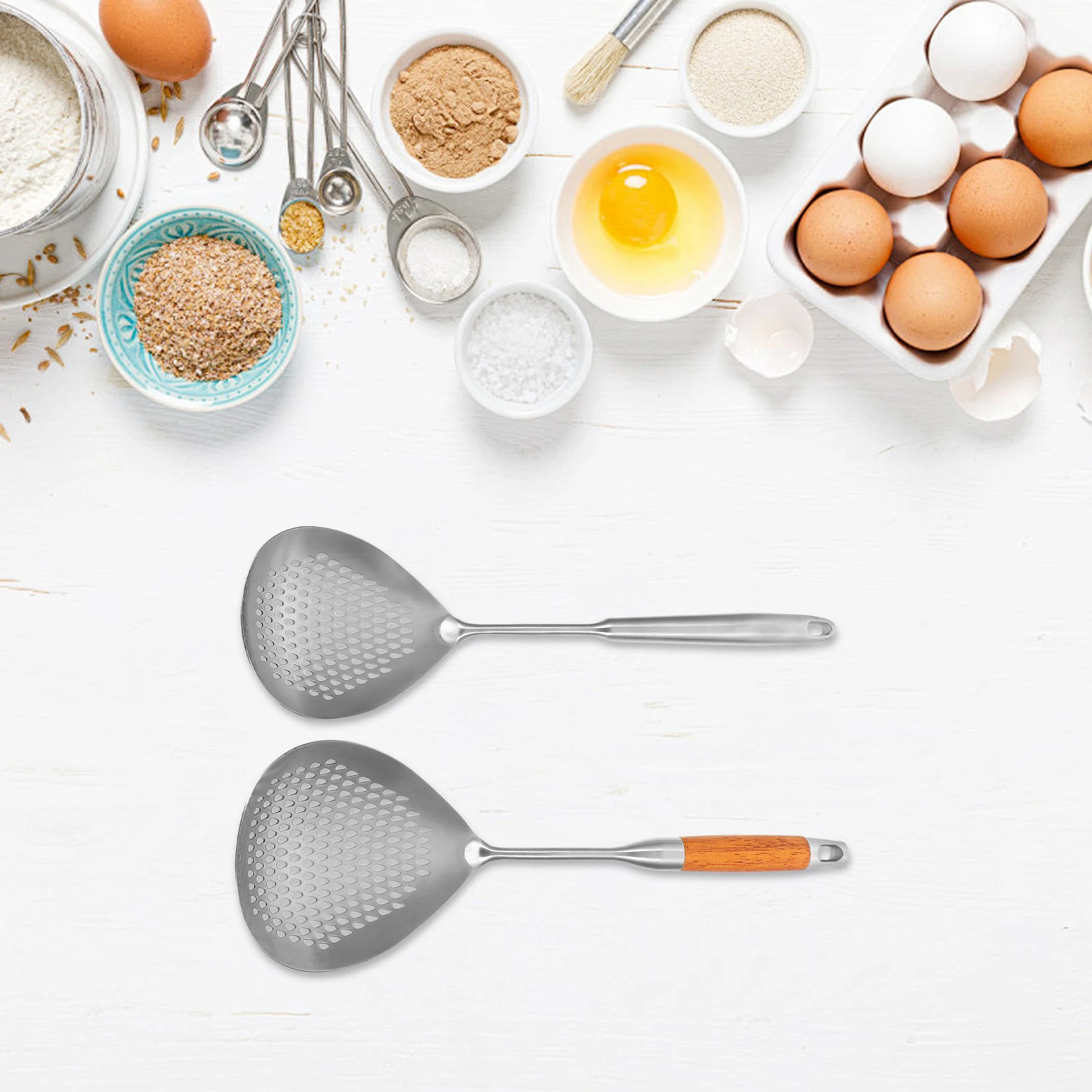 

2 шт. ложка-скиммер из нержавеющей стали с длинной ручкой, ковш с фильтром для приготовления пищи, термостойкая удобная ручка для жарки, макаронных изделий, процеживания супа