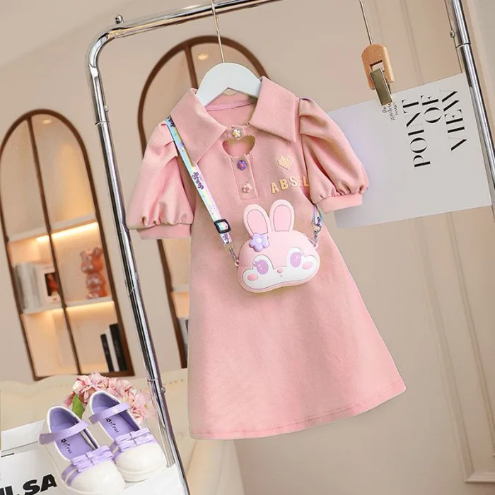 

Summer Baby Girls Dress Cute Frock Children Letter Print Princess Skirt Lantern Sleeve Ball Gown Teenage Knee-length Polo Dress