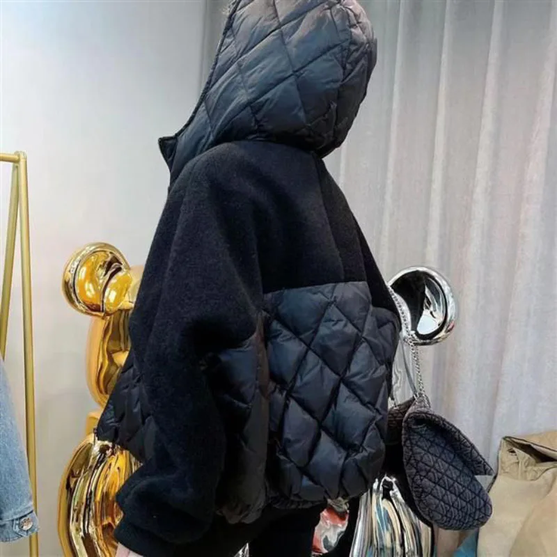 2023 New Autumn Winter Down Cotton-Padded Jacket Women\'s Overcoat Short Diamond Lattice Bat Sleeve Wool Spell Warm Parker Coat