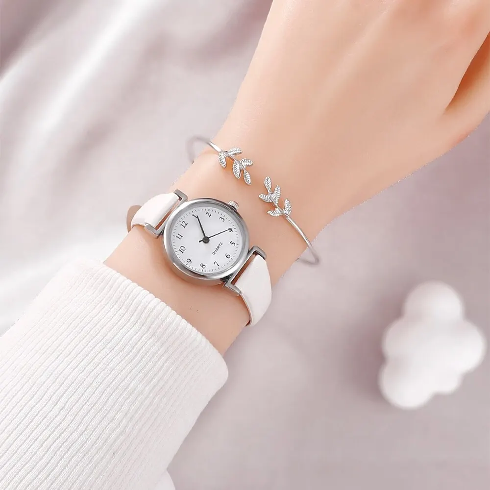 Luxury Ladies Bracelet Quartz Watch Women Watch Bracelet Set White Dial Simple Leather Luxury Ladies Watch Montre Femme