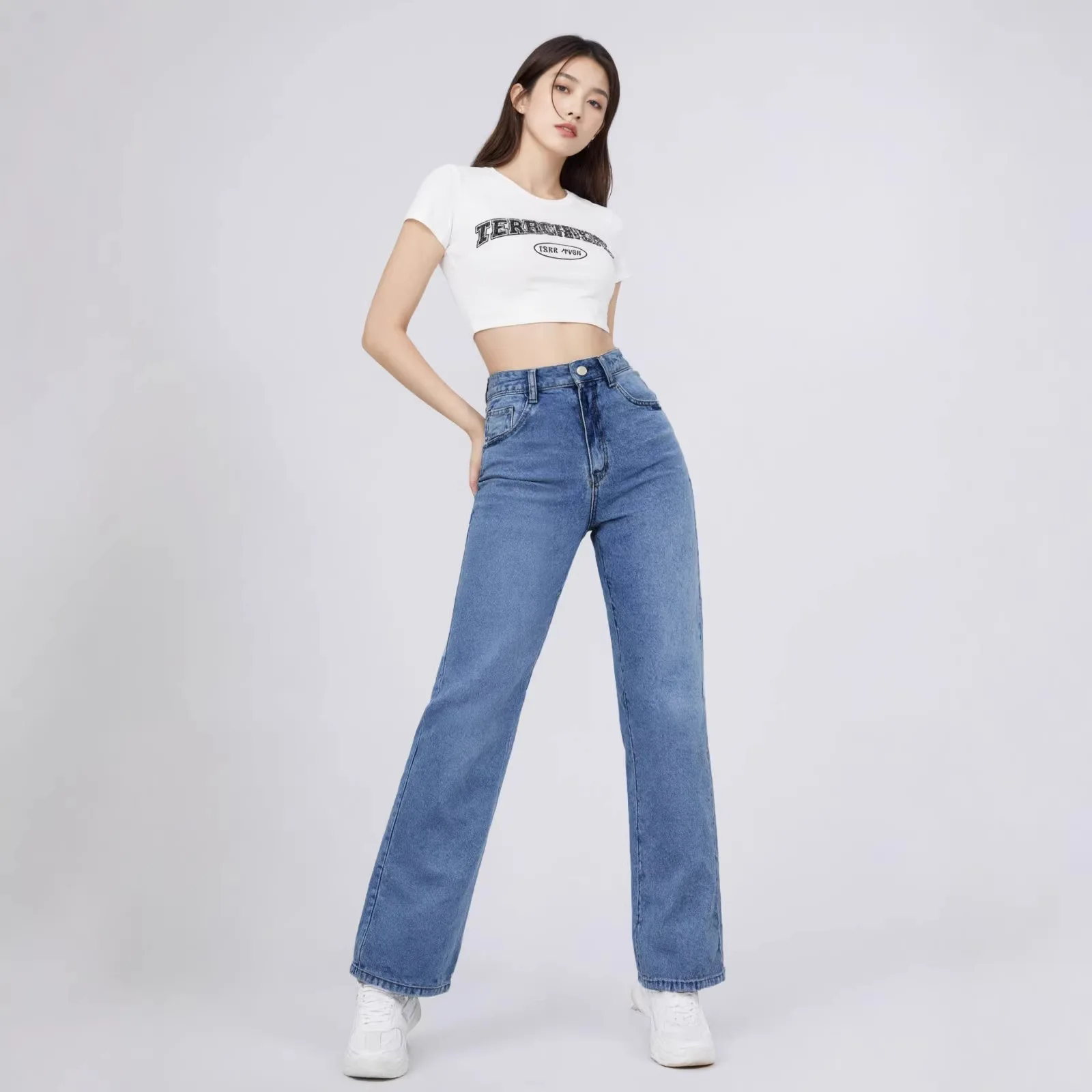 

2026 Spring New Cross border Elastic Jeans Women's Loose High Waist Straight Leg Pants Women's Casual Versatile Wide Leg Pants
