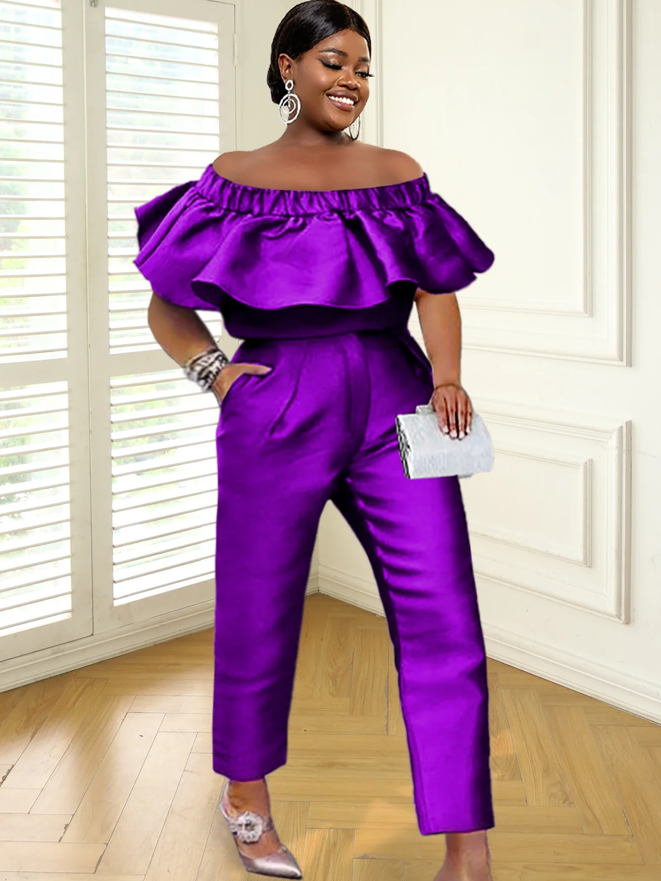 Women Stylish 2 Pieces Set Shiny Satin Purple Ruffle Hem Cropped Tops and Straight Trousers Pockets Summer Party Streetwear