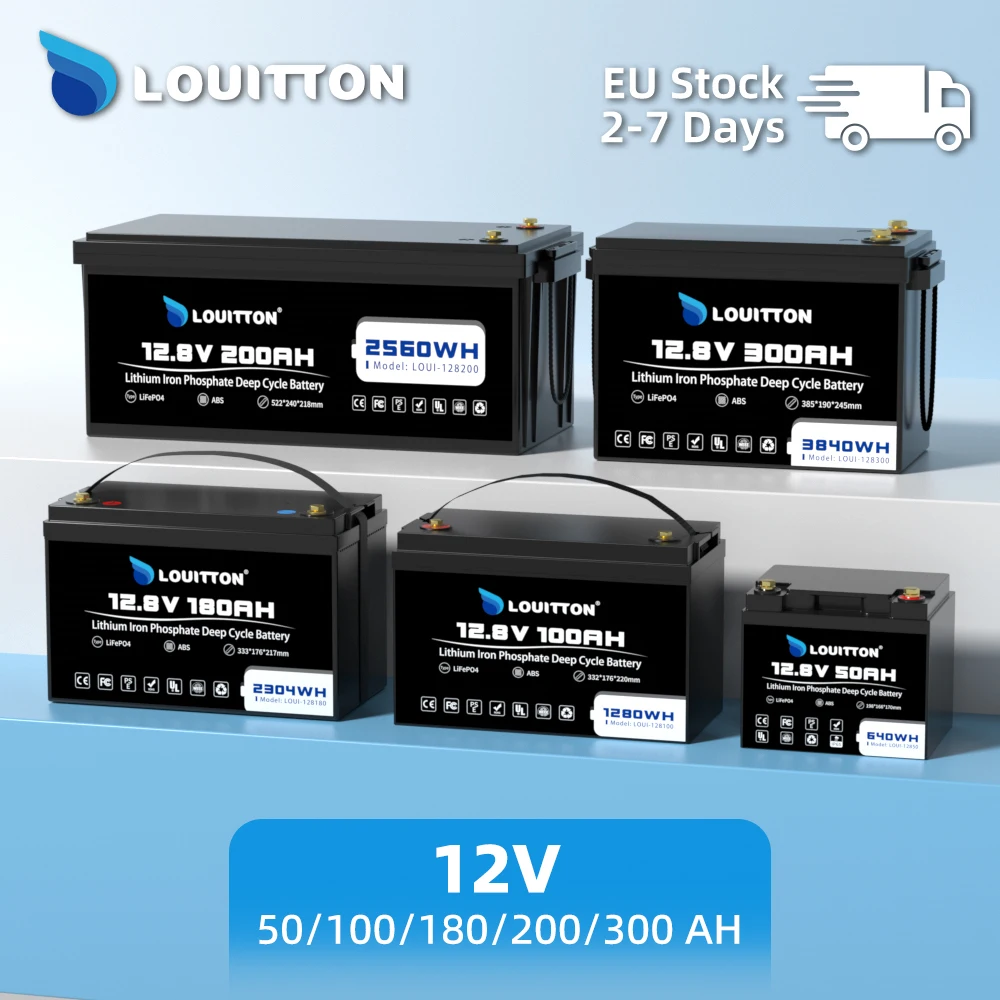 LOUITTON Batteries 200Ah Grade A Cells 12V 100Ah Battery Pack Built-in BMS For Solar Power System EV RV Golf Cart Camping