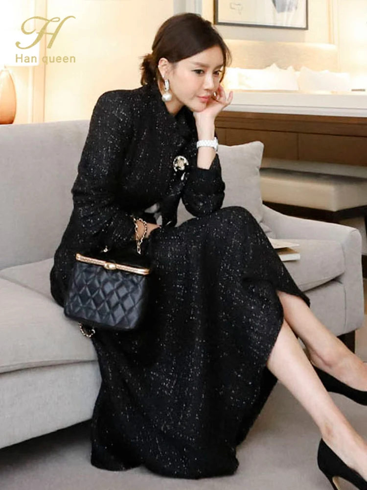 H Han Queen Hot Sale Winter Korean Careers Woman 2 Pieces Set Tweed Short Jacket + Vintage A-Line Skirt Korean Simple Skirt Suit