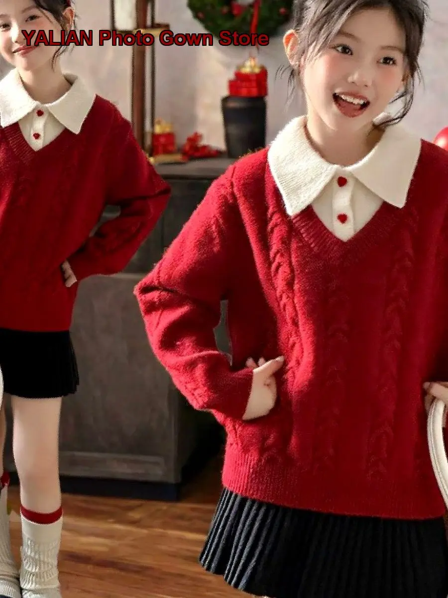 Girls Two-Piece Look Knit Cardigan Autumn Winter Stylish Christmas College Style Kids