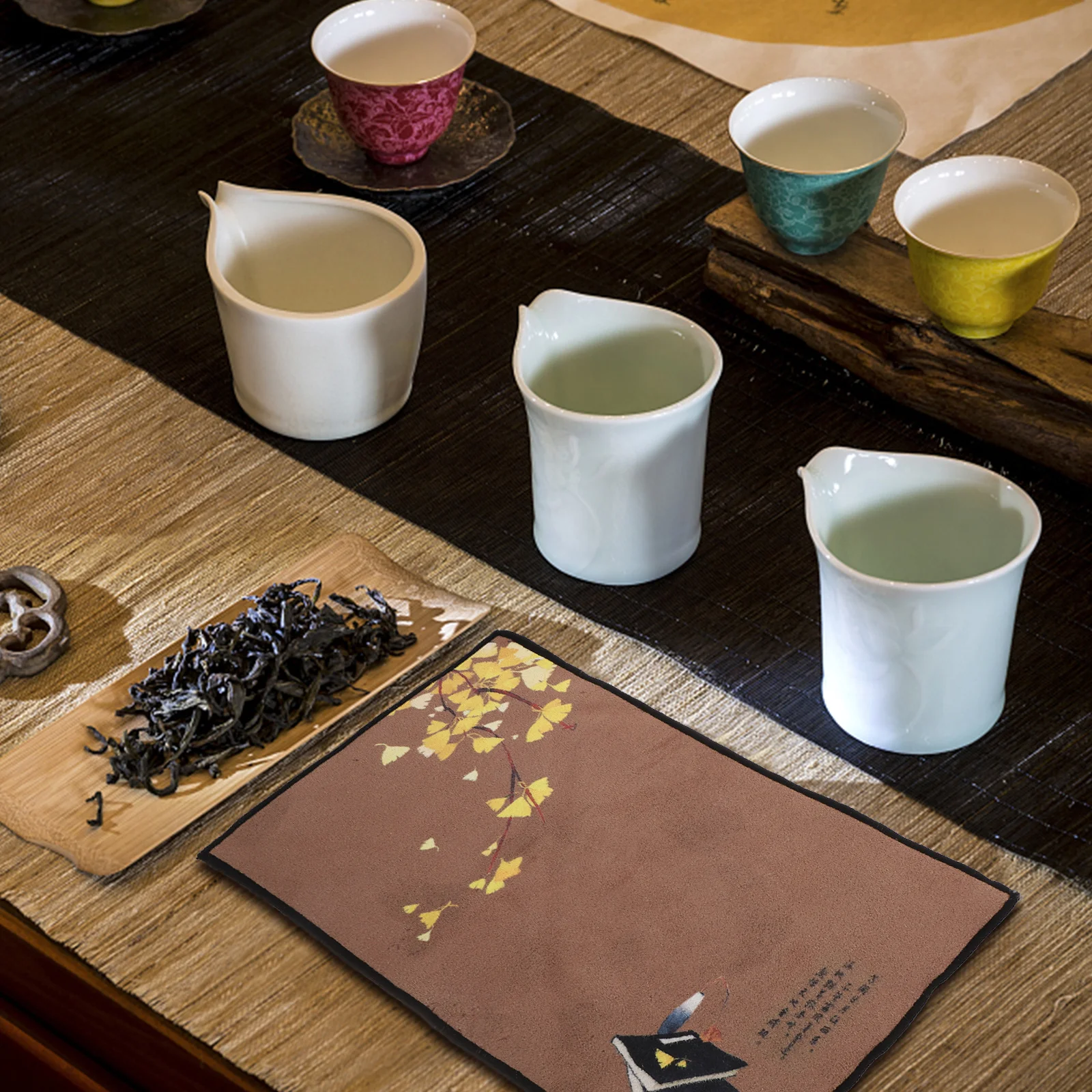 

High End Tea Cloth Embroidered Silver Ginkgo Pattern Water Absorbent Cleaning Cloth Home Office Tea House Practical