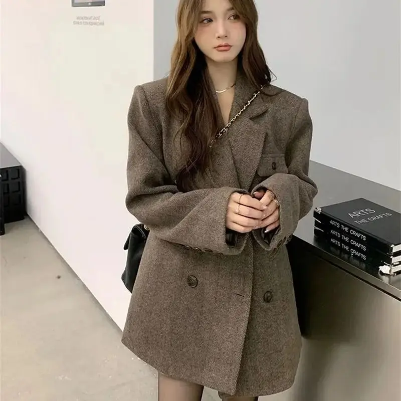 Women's Coat 2024 New Autumn and Winter High-end Woolen Short Suit Style Coat Medium Long Coat Loose Woolen Fabric Thickened WLF