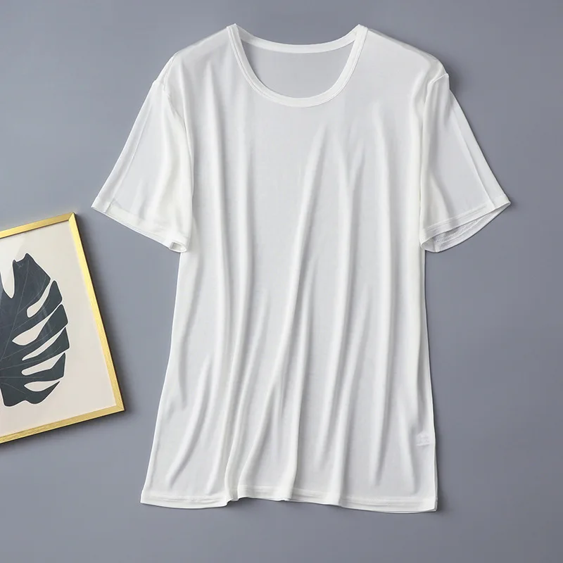 % Silk Men'S Casual Cultural Shirt Knitted Silk Loose Round Neck Comfortable Breathable Short Sleeve Top Custom Prod