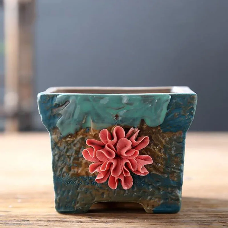 Coarse Pottery Relief Flower Ball Bonsai Pot Succulent Plant Pot Vase Breathable Flowerpot Desktop Ornaments Home Decoration