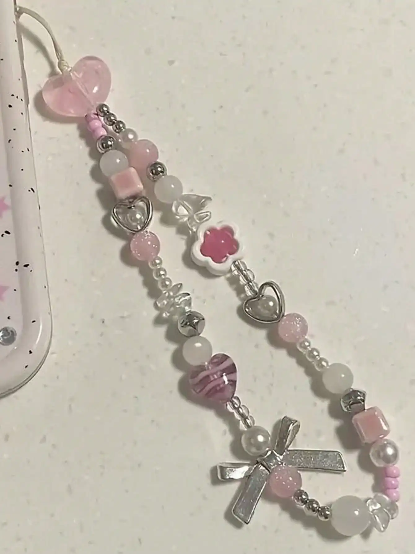 

Pink Heart Silver Bow Beaded Phone Chain Bag Charm Gift
