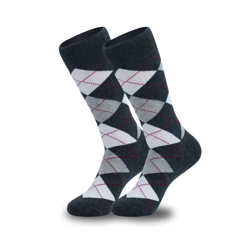 5 Pairs Mens Argyle Dress Socks Plus Size, High Quality Combed Cotton Crew Socks, Black Cool Breathable Casual Socks for men