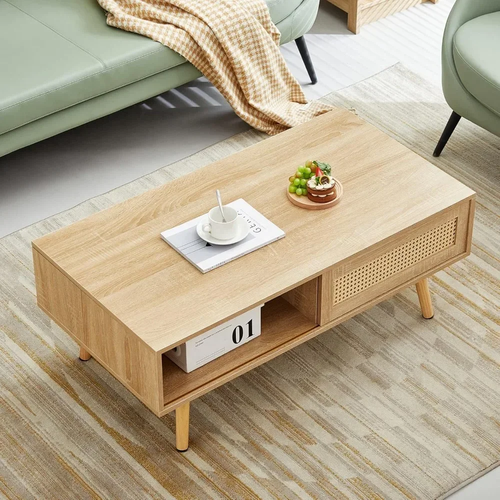 Table basse rectangulaire moderne du milieu du siècle avec rangement, tables centrales en bois, 41.3 po