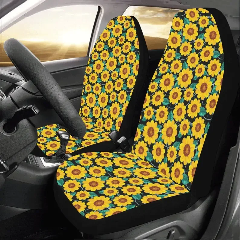 Sunflower Car Seat Covers 2 pc, Black Yellow Flowers Front Seat Covers, Floral Car SUV Seat Protector  for Women