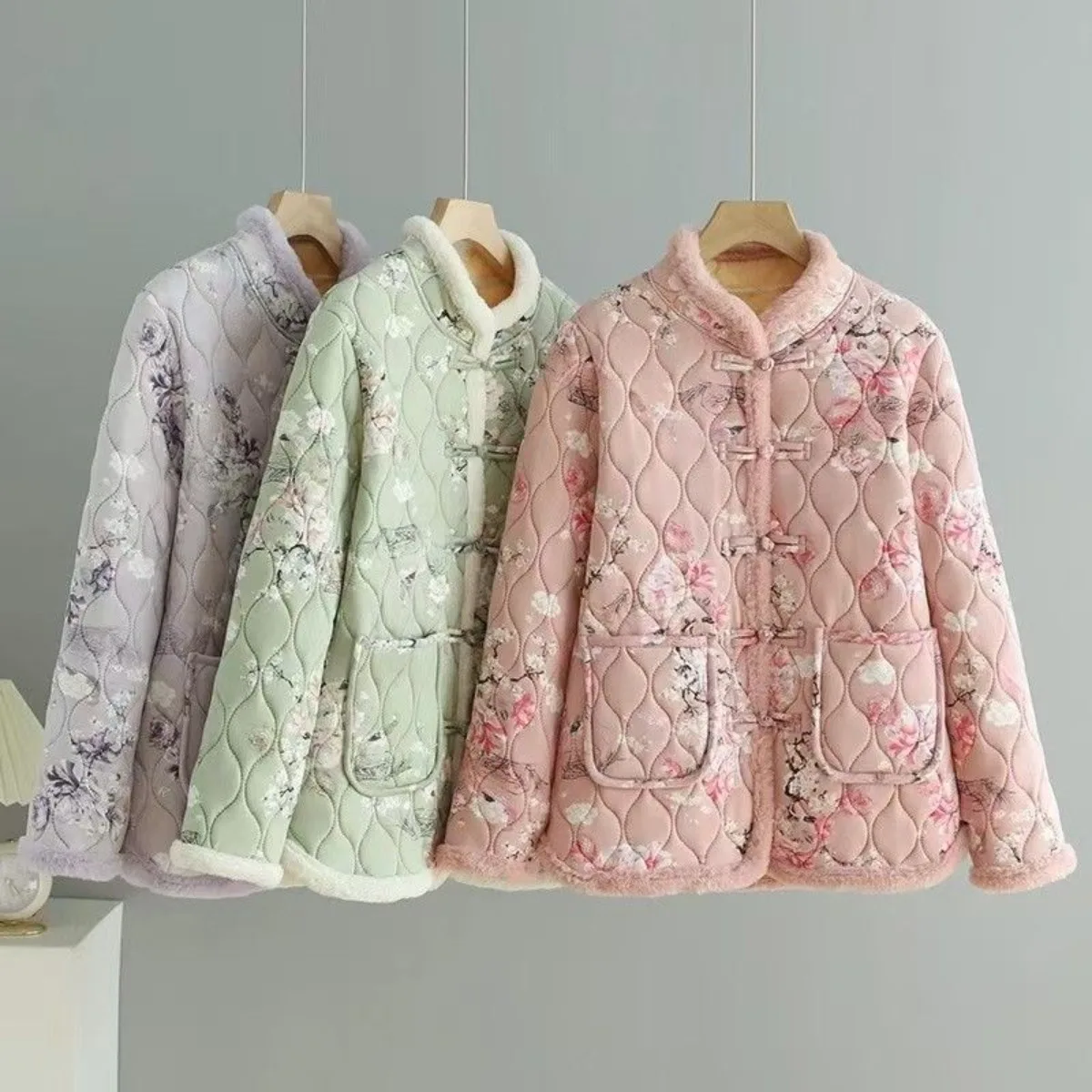 

Зимнее традиционное китайское пальто больших размеров для пожилых людей, теплое плюшевое пальто с воротником-стойкой | Модная домашняя куртка с цветочным принтом