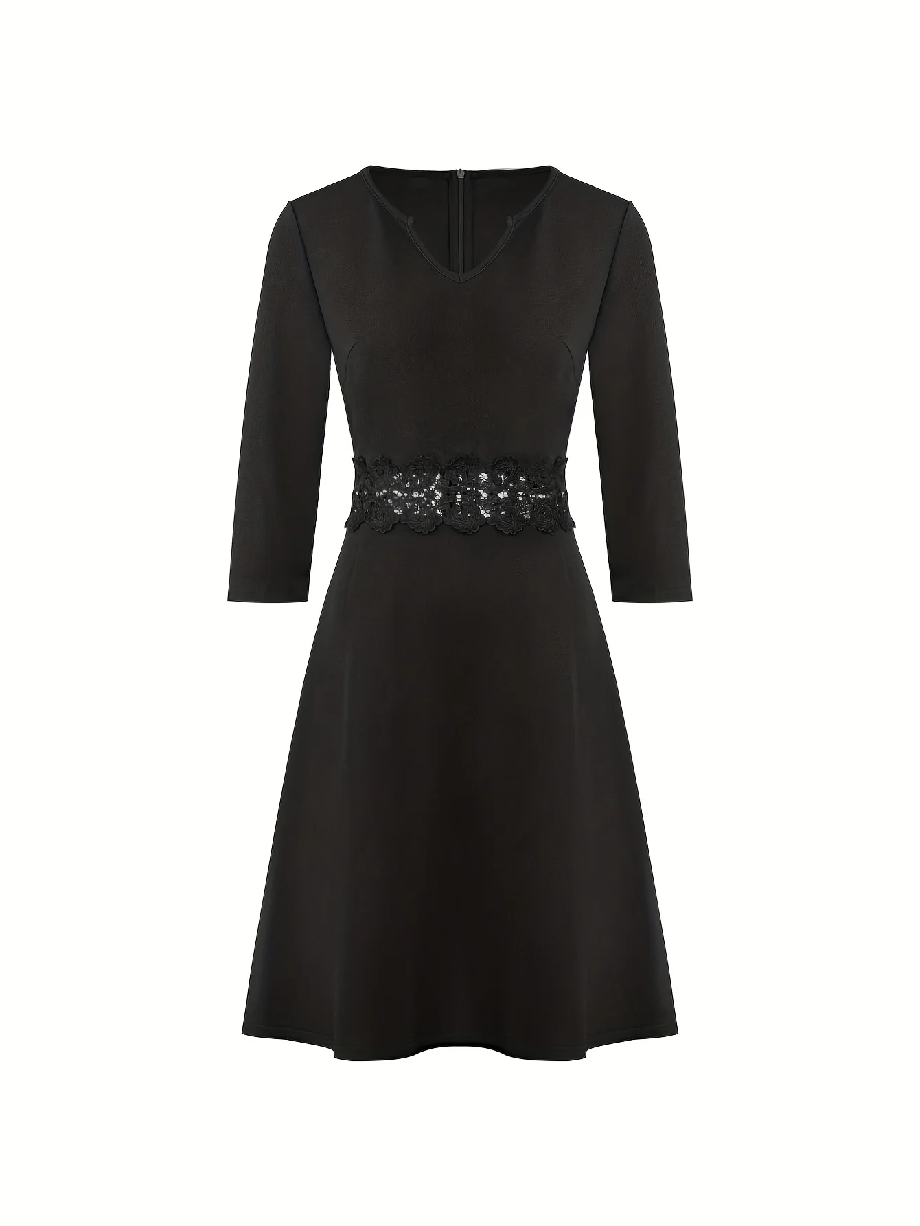 Robe mi-longue évasée noire à manches 3/4 et col cranté pour femme - Robe de soirée élégante moulante pour soirée et tous les jours