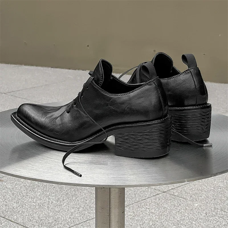 Black Distressed Wizard Shoes for Men and Women, Lace-up Single Shoes, Small Leather Shoes with Pointed Toes,handmade Thick Heel