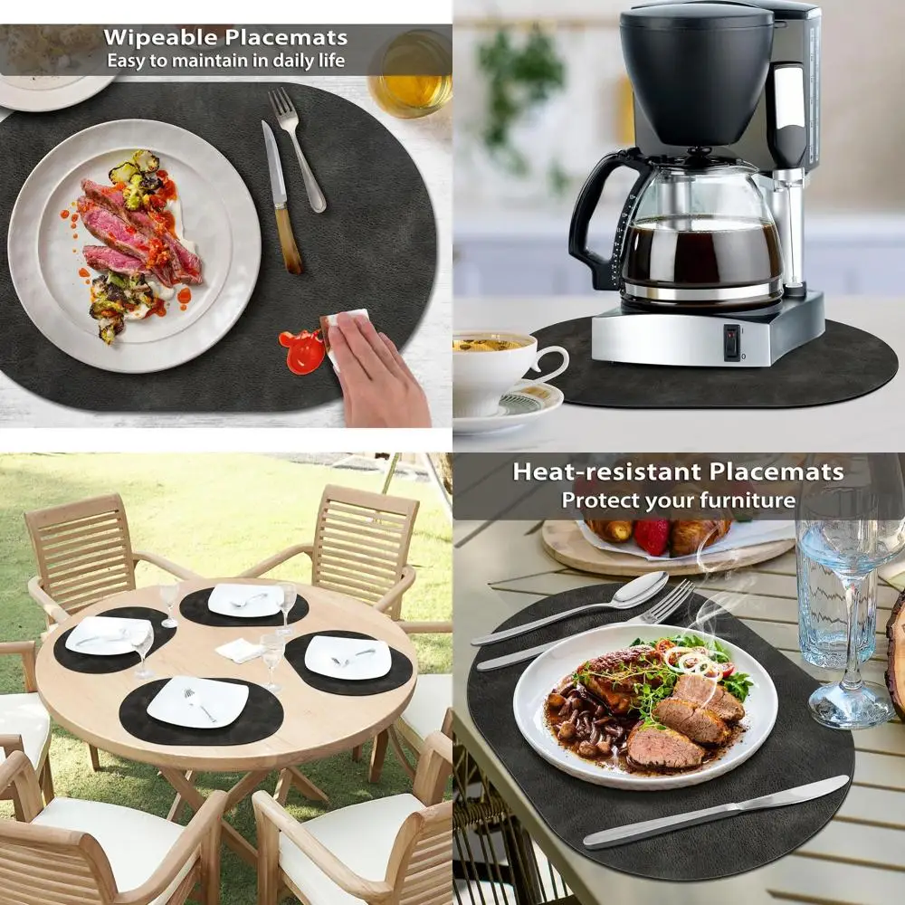 

Set of 12 Heat-Resistant Oval Placemats, 12x17 Washable Waterproof PU Kitchen Table Mats, Dark Grey