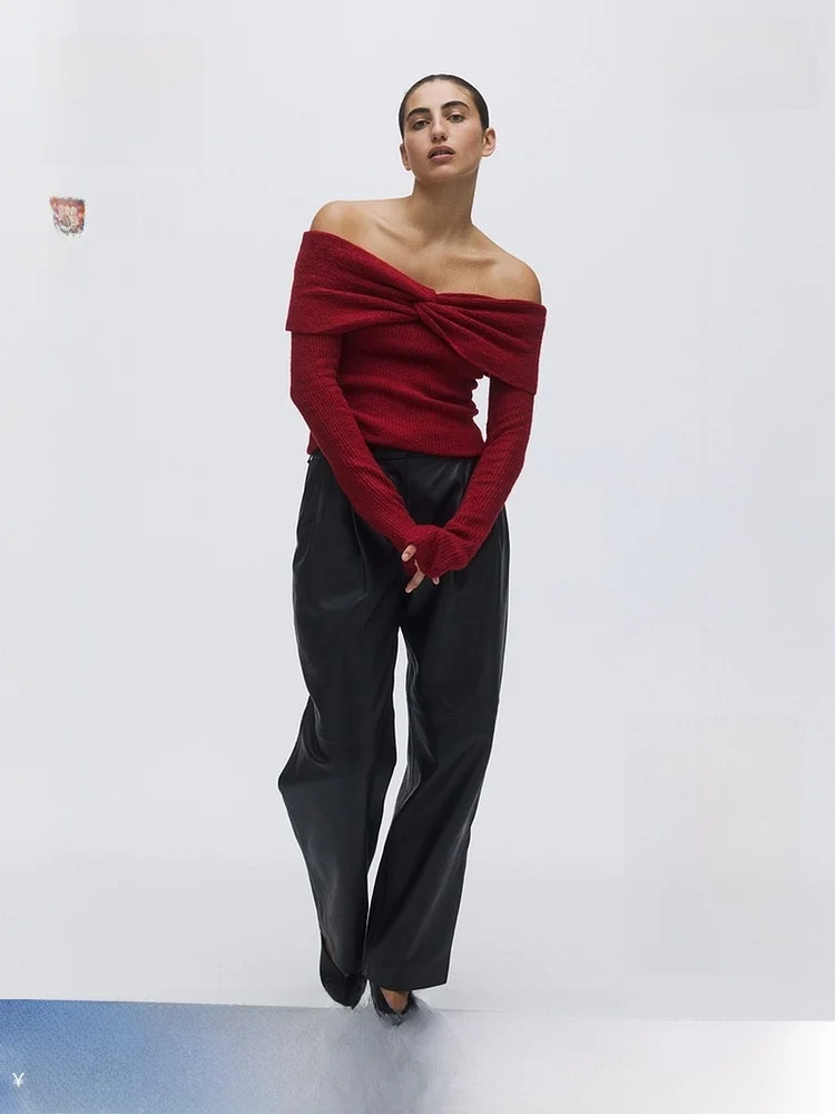 

Red Woolen Knitted Base irt HM Women's Faion Casual Sle Slim Fit Inner Wear for Spring Autumn And Winter