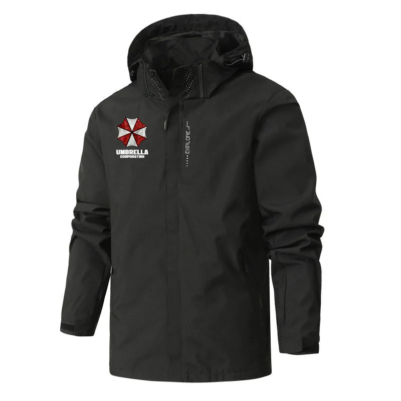 2026 New Brand Men's Windproof Jacket with Umbrella Company Print, Comfortable, Simple and Pure Color Men's Jacket with Hood