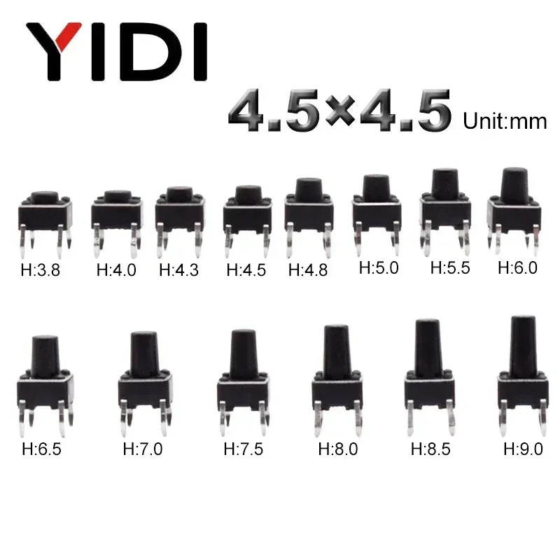 50pcs Panel PCB On Off Momentary Tactile Tact 4 Pin Micro Mini Push Button Switch 12V DIP TV Reset Black 4.5*4.5 H=4/5/6/7/8/9mm