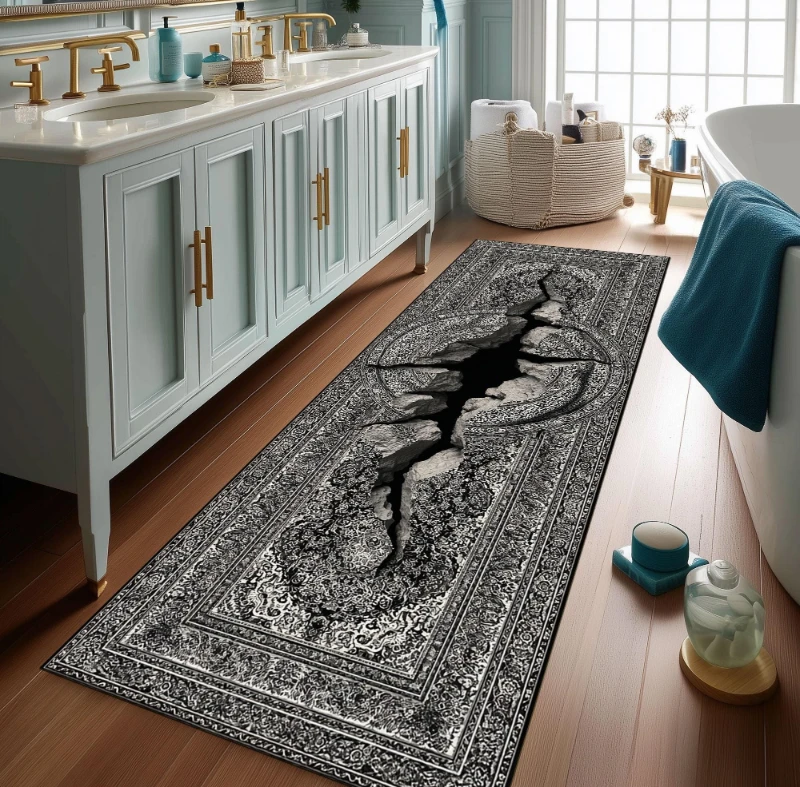 Vintage Black White Crack Stone Border print Runner Rug,Bathroom,Kitchen,Entryway,Washable Runner Rug,Housewarming Present