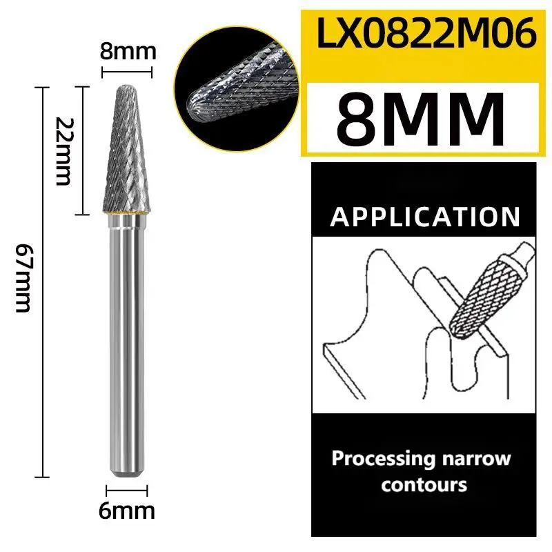 LX Type YG8 Alloy Rotary File Double Slot Tungsten Steel Wood Carving Grinding Head Hard Metal Milling Cutter Tool for Copper