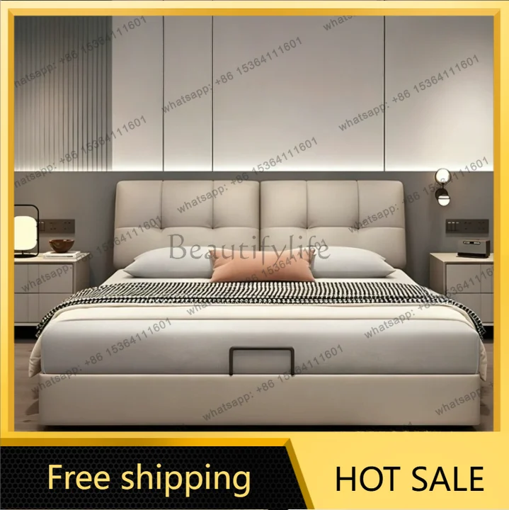 FG Italian Premium Leather Master Bedroom Double Bed Modern Minimalist Taupe Storage Bed Household Bedroom Decor Daily Rest Ab