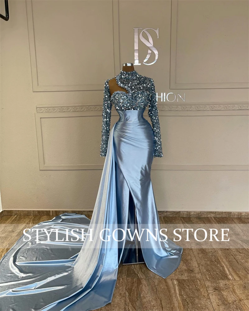 Silver Shiny Sequined Evening Dresses High Neck Shoulder Party Gown Hollowed Out Side Train Sleeve African robe Customized