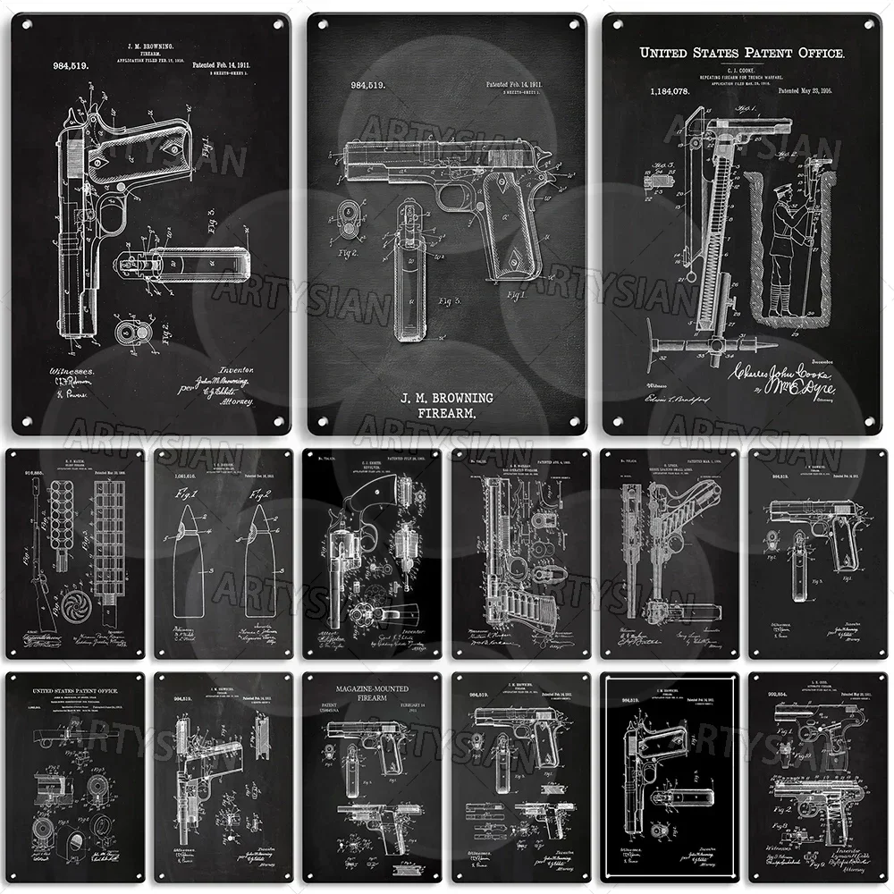 Gun Patent Metal Sign J. L. Hobbs  Mauser Rifle Ehbets Revolver McClean Luger Pistol Maxim Silencer Browning M1911 L. H. Cobb