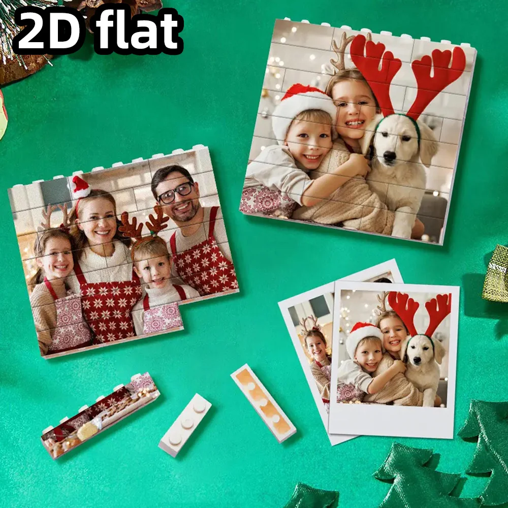 Customized photo building blocks for Christmas decorations. Personalized holiday souvenirs. Family photo, couple anniversary, go