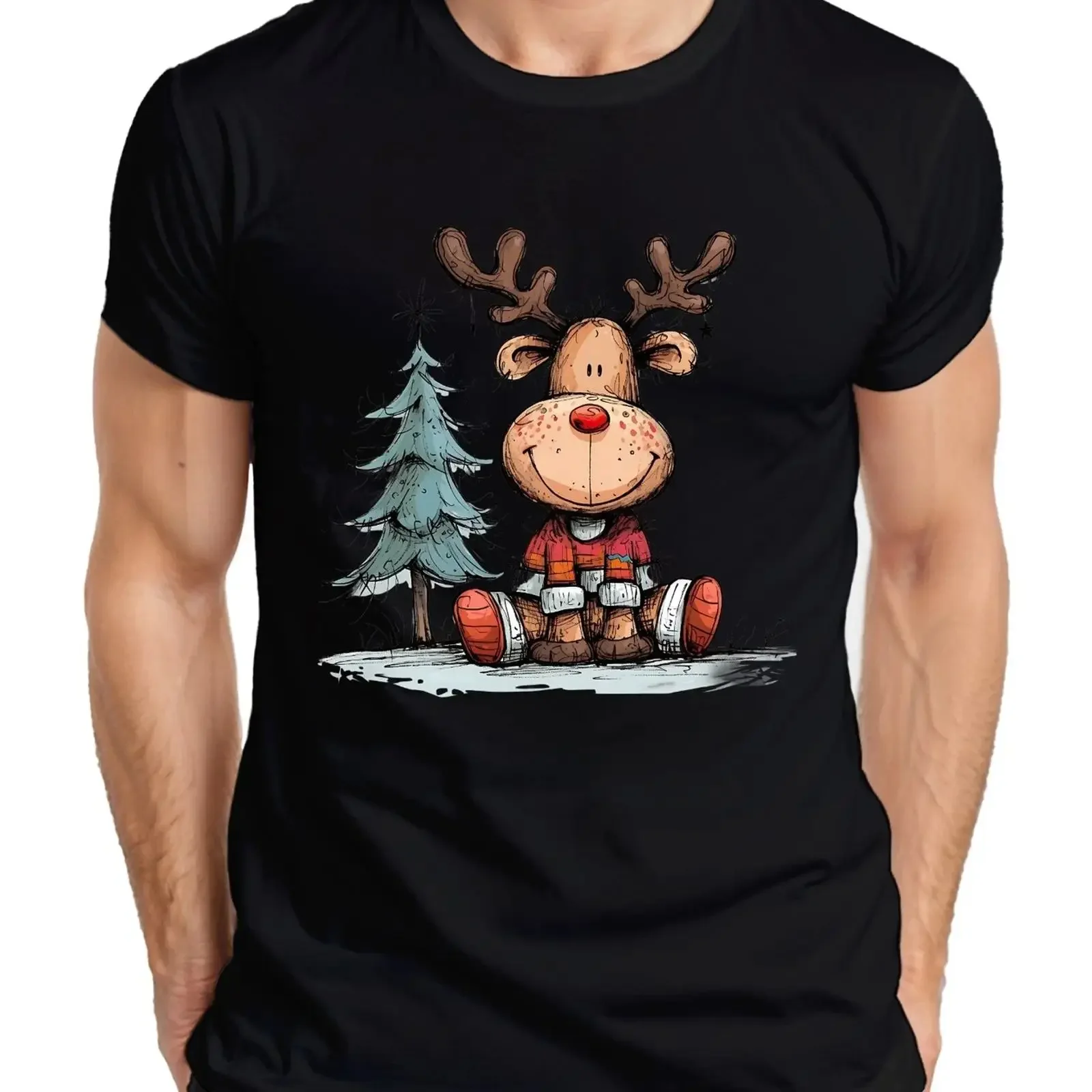 Funny reindeer with red nose Christmas tree gift Winter men's t shirt vintage Washed Comfortable designer clothes Casual