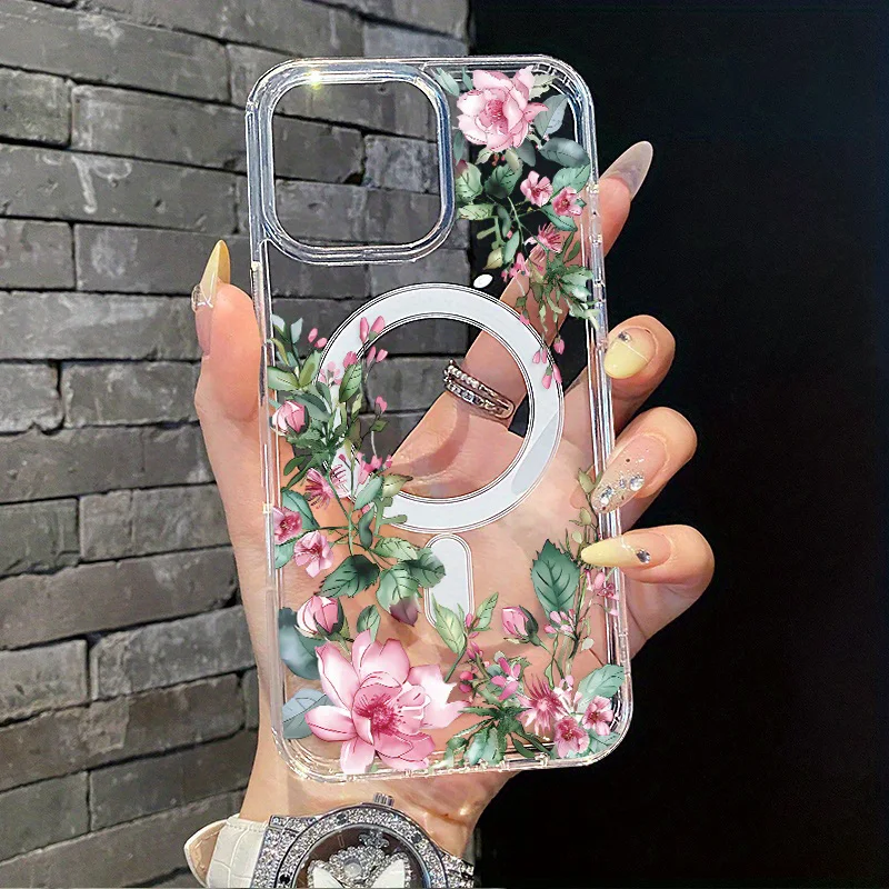 

Flowers Print Magnetic Magsafe Transparent Phone Case For iPhone 16 15 14 13 12 11 Pro Max 15 16 Plus 12 13 14 Pro 13 15 Cover