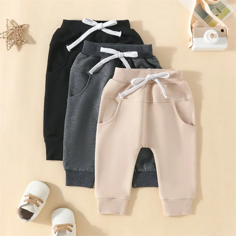 Newborn Baby Boy Pants 3-Pack Toddler Joggers Solid Color Soft Boys Bottoms Sweatpants with Drawstring