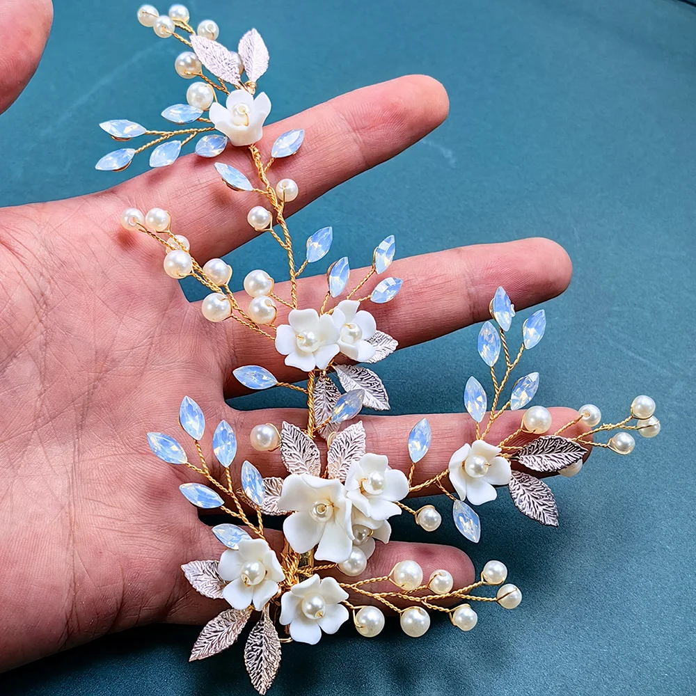 Fiore di porcellana pettine da sposa perla ornamento per capelli da sposa cristallo da sposa diadema da sposa e damigella d'onore strass per capelli Orname