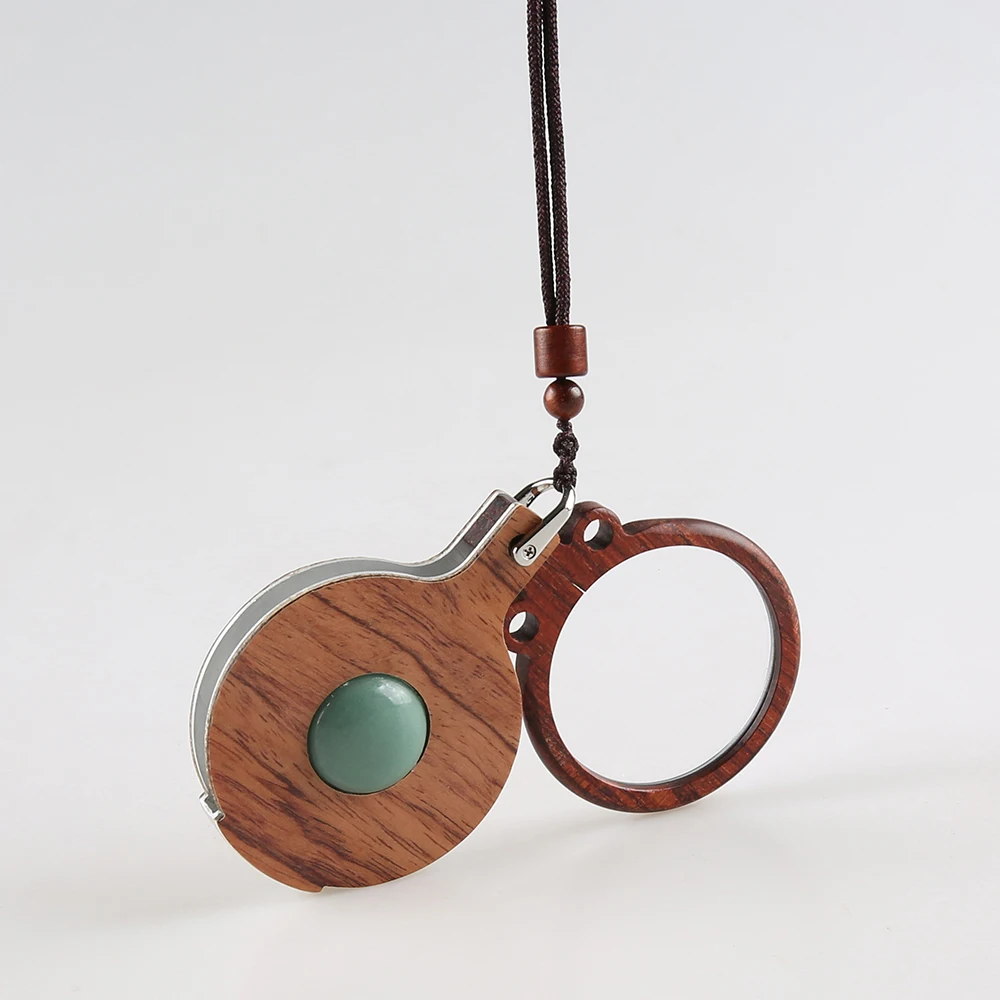 Red Wood Car Hanging Ornament Pendant Keychain Ebony Wood Inlaid Celadon Bead Portable Reading Glass Magnifier for Elderly