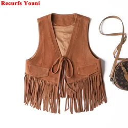 High-End Selection Suede Tassel Vest For Women Genuine Leather Retro Western Cowboy Style Deep V-neck Waistcoat Chic Tie Gilet