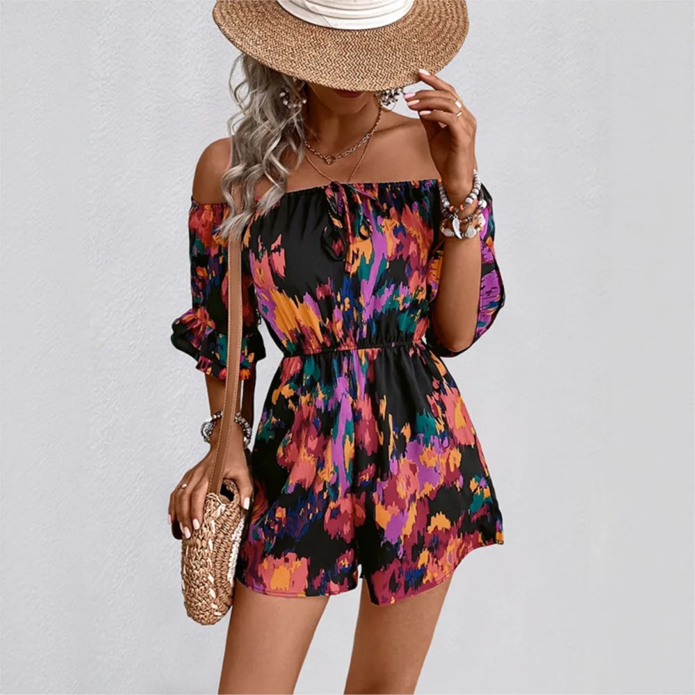 

Sexy Temperament Jumpsuit Vacation Party Trend Off Shoulder Bubble Sleeves Abstract Printed Women's Jumpsuit One Piece