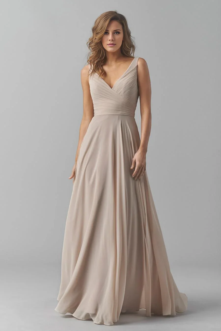 High-End Ruched Waist Chiffon Evening Gown Sleeveless V-Neck Tie Bridesmaid Dress for Wedding & Prom