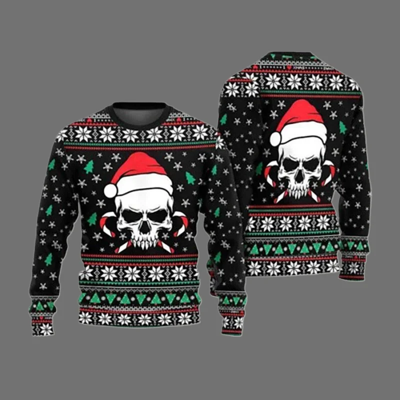 Horror natal camisola crânio papai noel 3d impresso moletom de pescoço masculino y2k unisex casual novo pulôver masculino streetwear