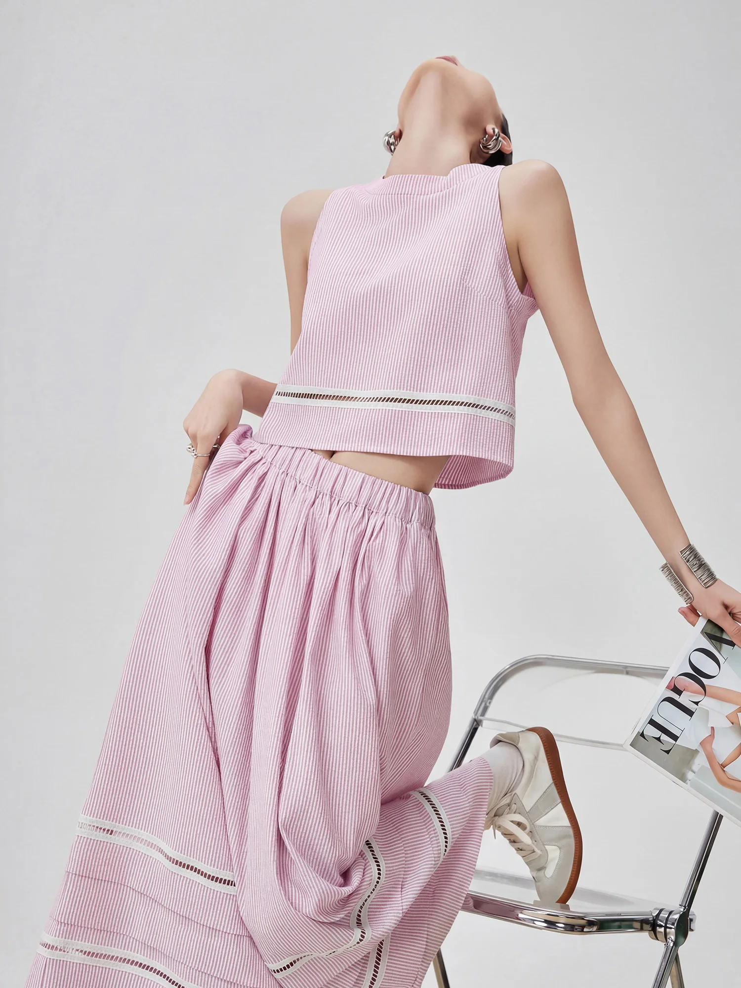

Pink Casual Striped Set Hollow out Splicing Sleeveless Top High Waist Half Skirt Two Piece Set Summer Fashion Women's Outfit