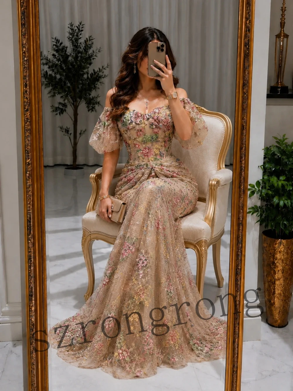 Customized Sweetheart Collar Lace Short Puff Sleeve Bridal Evening Dress Pleated Sheath Floor Length Prom Party Dress with Court image 2