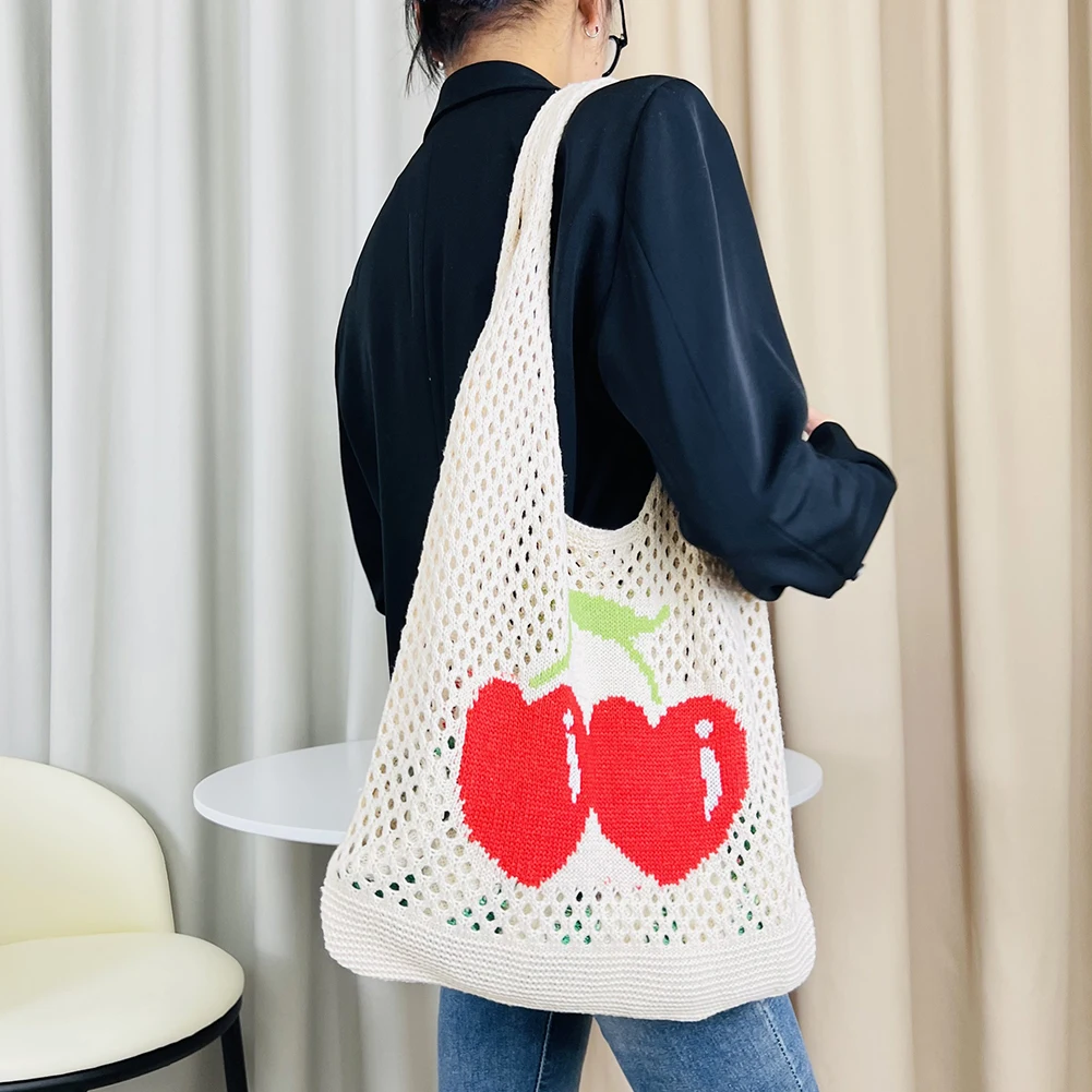 Women's Hollow Out Crochet Shoulder Bag Cute Cherry Printed Tote Handbags Large Capacity Travel Woven Underarm Bag Knitting Bags