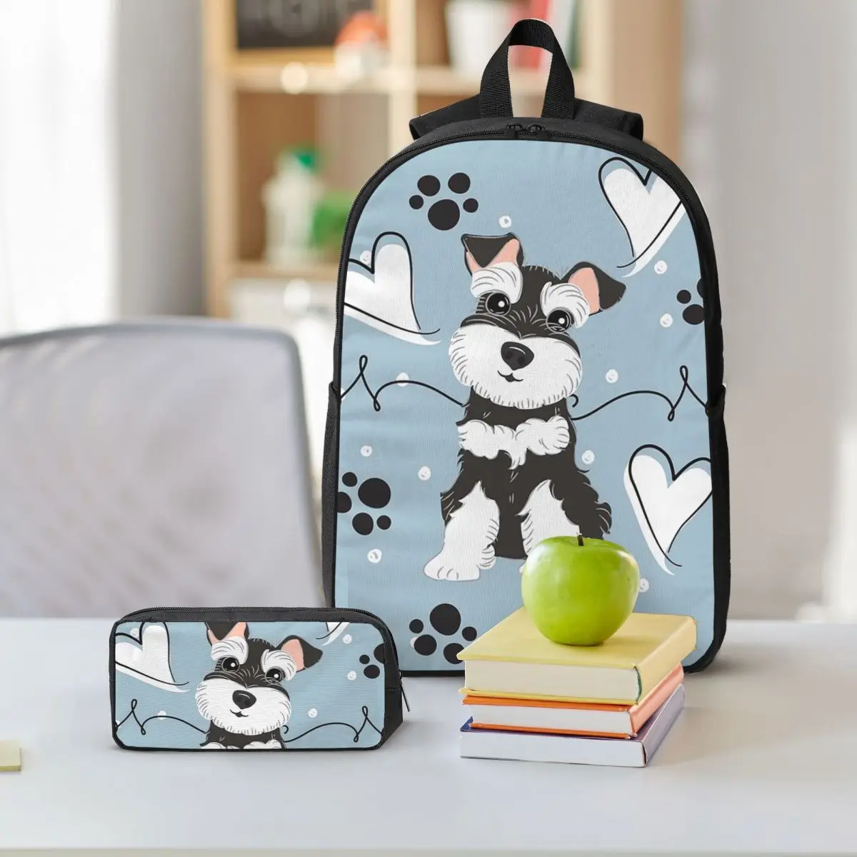 Love Black And White Miniature Schnauzer Backpack Student BookBag School Bag Shoulder Bags 3ps Insulated Lunch Bag Pencil Case
