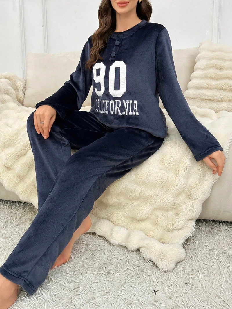 

Letters Embroidery Flannel Pajama Long-Sleeve Round Neck Top Long Pant Slim Relaxed Fit Women's Winter Warm Sleepwear Loungewear