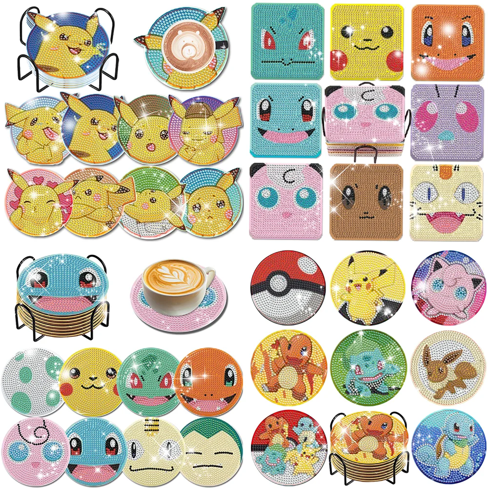 8Pcs Pokemon Diamond Painting Coasters Set with Holder DIY Diamond Art Mosaic Drink Cup Pad Table Placemat Home Decor Craft Gift