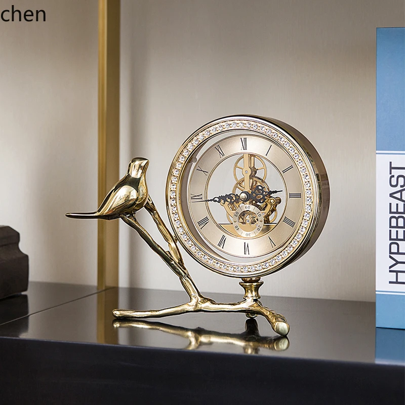 HT Light Luxury Pure Copper Bird Clock Ornament for Living Room, Wine Cabinet, Bedside Table, Creative Desktop