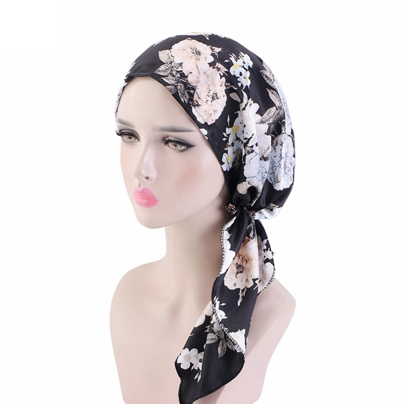 Women Satin Pre-Tied Turban Cap Headscarf Muslim Hijab Cancer Chemo Print Hat Cover Hair Loss Head Scarf Wrap Strech Bandana