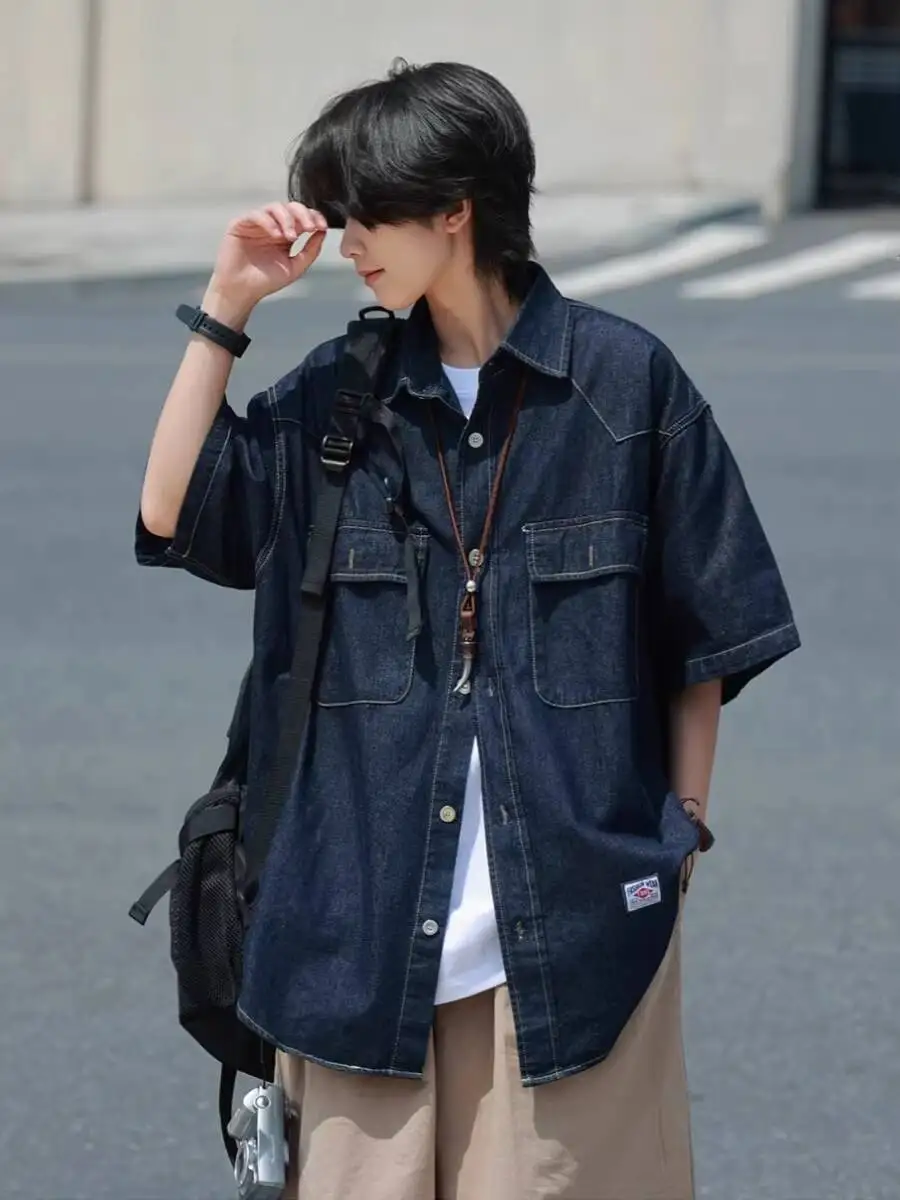 Man Denim Shirts 2026 New Summer Men's Japanese Vintage Washed Denim Short Sleeve Shirt Jacket Cityboy Multi Pocket Cargo Tops