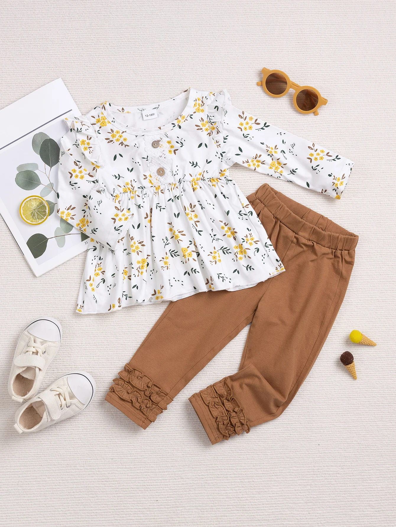 

Комплект детской одежды с желтым цветочным принтом в весенне-осеннем стиле — популярный милый хит для девочек (оборка по краю и мягкий, приятный для кожи ткань