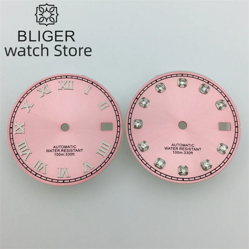 BLIGER/ Custom Logo NH35 Dial 29mm Pink Dial Roman/Diamond index Fit NH34 NH35 NH36 Movement